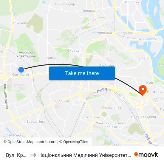 Вул. Краснова to Національний Медичний Університет Імені О. О. Богомольця map