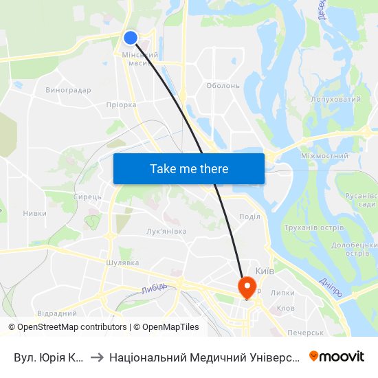 Вул. Юрія Кондратюка to Національний Медичний Університет Імені О. О. Богомольця map