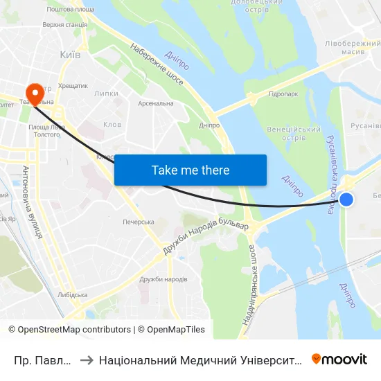 Пр. Павла Тичини to Національний Медичний Університет Імені О. О. Богомольця map
