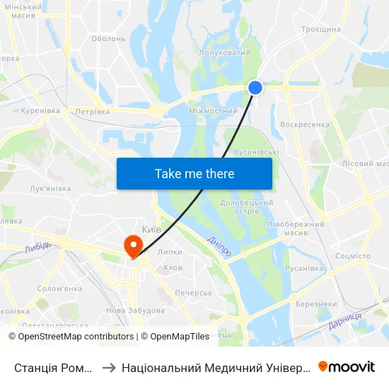Cтанція Романа Шухевича to Національний Медичний Університет Імені О. О. Богомольця map