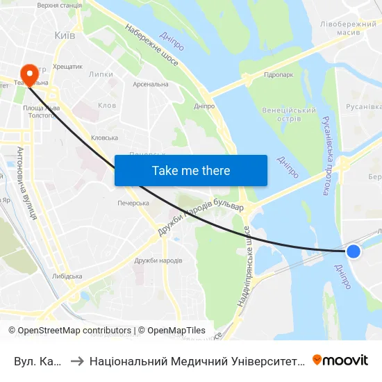 Вул. Канальна to Національний Медичний Університет Імені О. О. Богомольця map