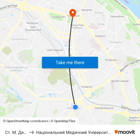 Ст. М. Деміївська to Національний Медичний Університет Імені О. О. Богомольця map