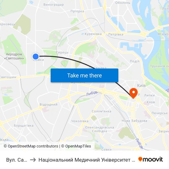 Вул. Салютна to Національний Медичний Університет Імені О. О. Богомольця map