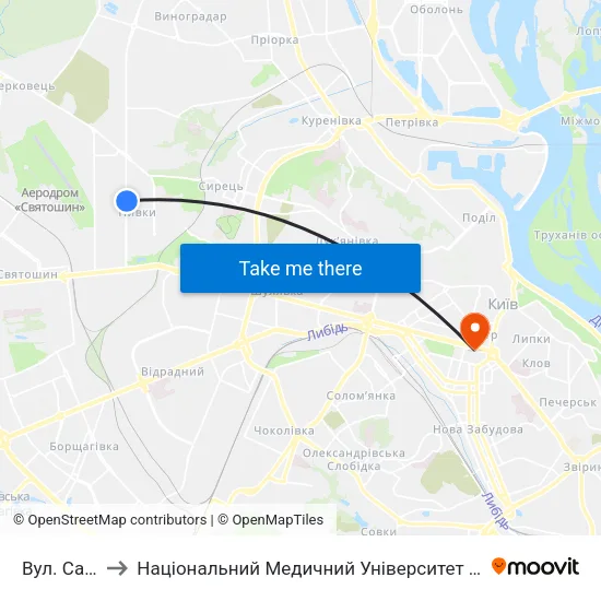 Вул. Салютна to Національний Медичний Університет Імені О. О. Богомольця map