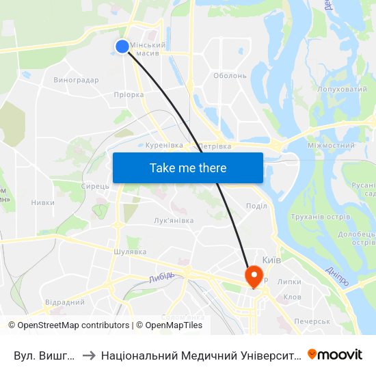 Вул. Вишгородська to Національний Медичний Університет Імені О. О. Богомольця map