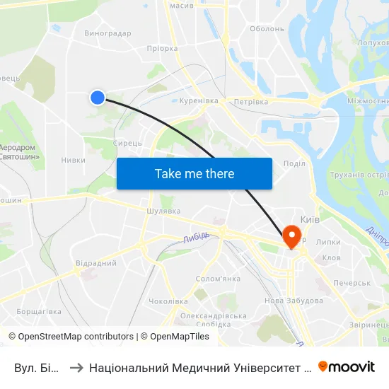 Вул. Білицька to Національний Медичний Університет Імені О. О. Богомольця map