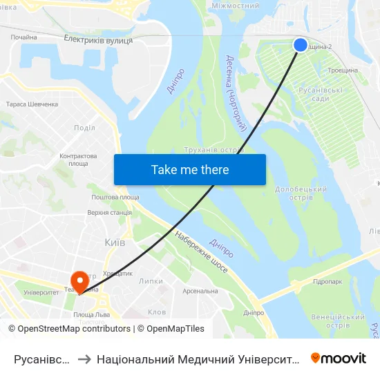 Русанівські Сади to Національний Медичний Університет Імені О. О. Богомольця map