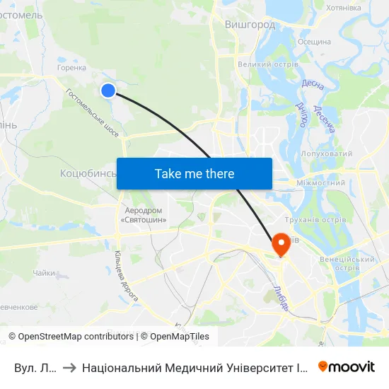 Вул. Лісова to Національний Медичний Університет Імені О. О. Богомольця map
