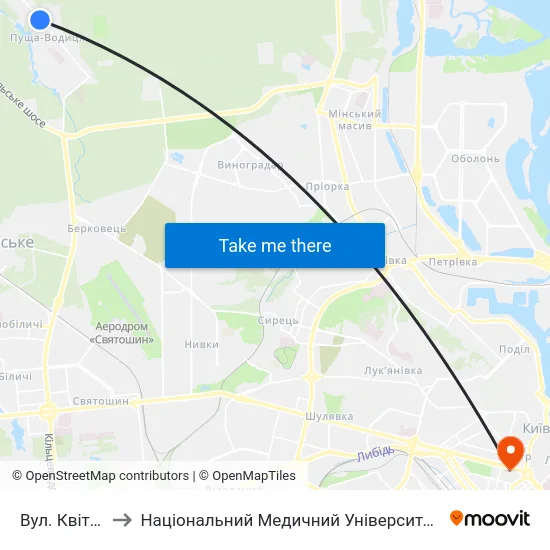 Вул. Квітки Цісик to Національний Медичний Університет Імені О. О. Богомольця map