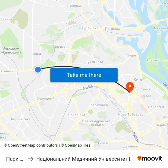 Парк Нивки to Національний Медичний Університет Імені О. О. Богомольця map