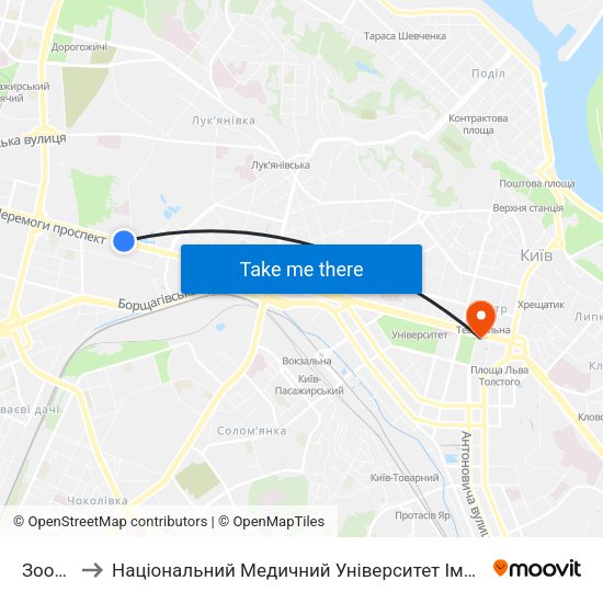Зоопарк to Національний Медичний Університет Імені О. О. Богомольця map
