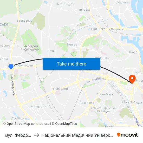 Вул. Феодори Пушиної to Національний Медичний Університет Імені О. О. Богомольця map