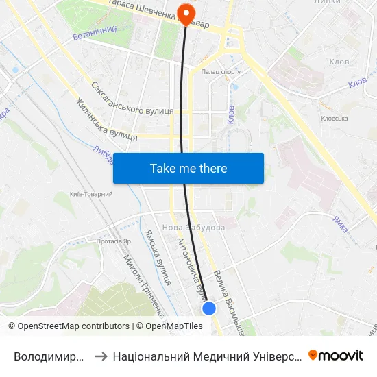 Володимирський Ринок to Національний Медичний Університет Імені О. О. Богомольця map
