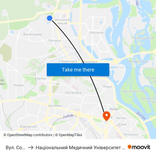 Вул. Сошенка to Національний Медичний Університет Імені О. О. Богомольця map