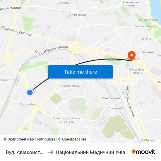 Вул. Авіаконструктора Антонова to Національний Медичний Університет Імені О. О. Богомольця map