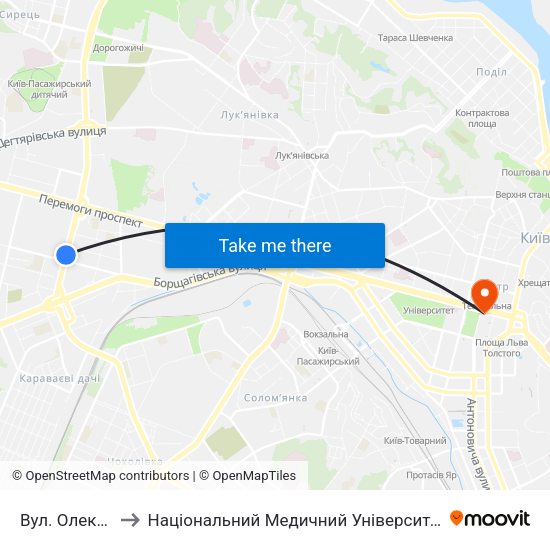 Вул. Олекси Тихого to Національний Медичний Університет Імені О. О. Богомольця map