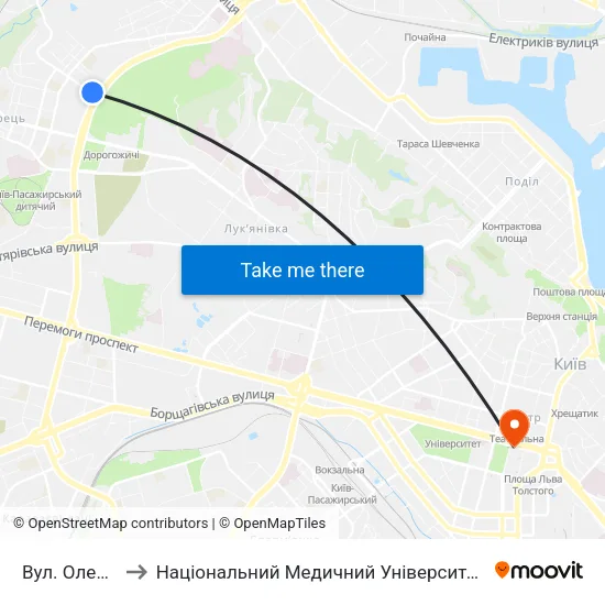 Вул. Олени Теліги to Національний Медичний Університет Імені О. О. Богомольця map
