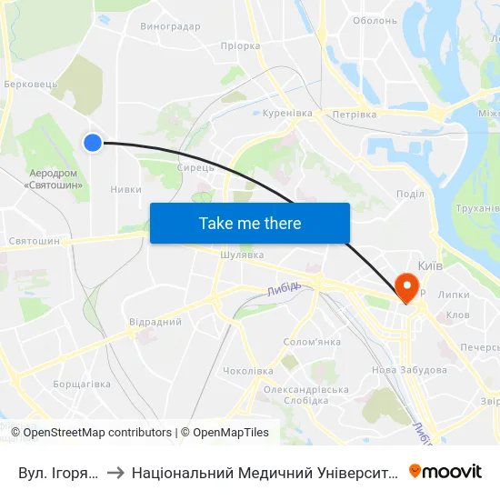 Вул. Ігоря Турчина to Національний Медичний Університет Імені О. О. Богомольця map