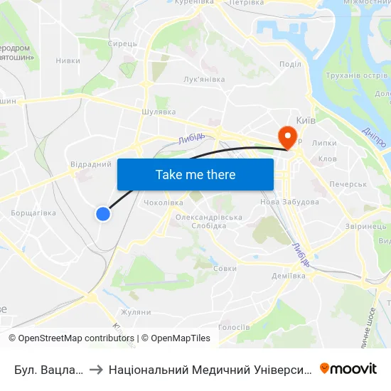 Бул. Вацлава Гавела to Національний Медичний Університет Імені О. О. Богомольця map