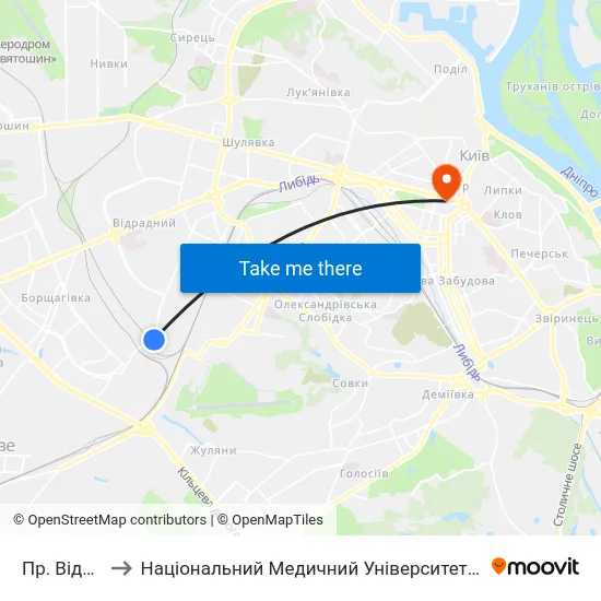 Пр. Відрадний to Національний Медичний Університет Імені О. О. Богомольця map