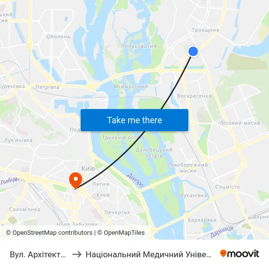 Вул. Архітектора Ніколаєва to Національний Медичний Університет Імені О. О. Богомольця map