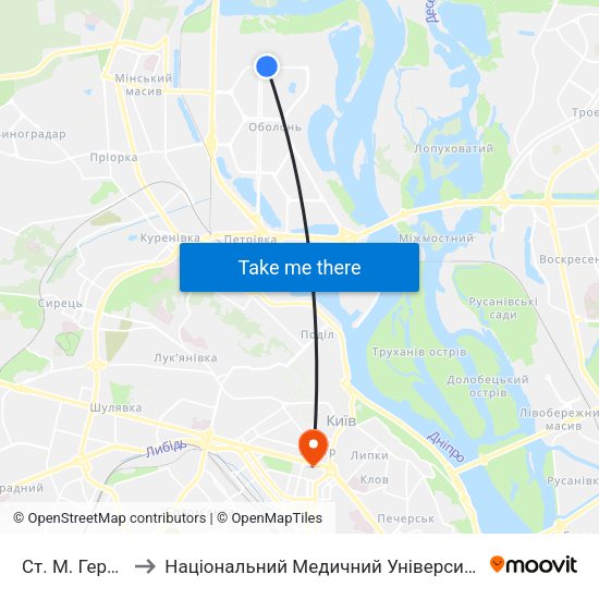 Ст. М. Героїв Дніпра to Національний Медичний Університет Імені О. О. Богомольця map