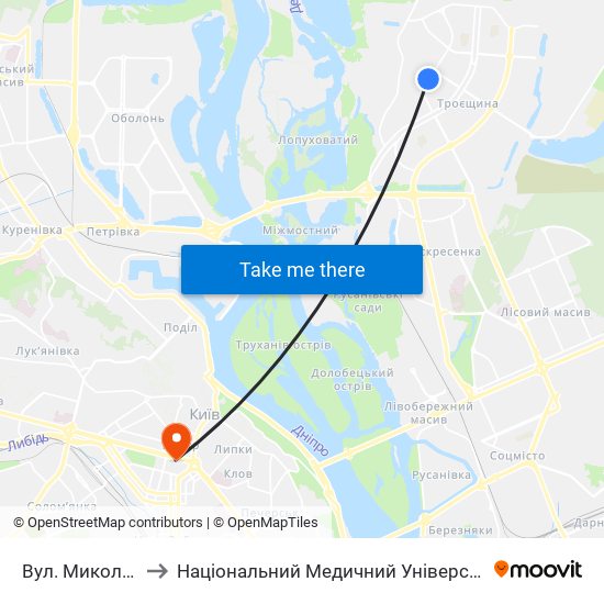 Вул. Миколи Лаврухіна to Національний Медичний Університет Імені О. О. Богомольця map