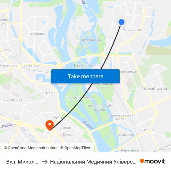 Вул. Миколи Лаврухіна to Національний Медичний Університет Імені О. О. Богомольця map