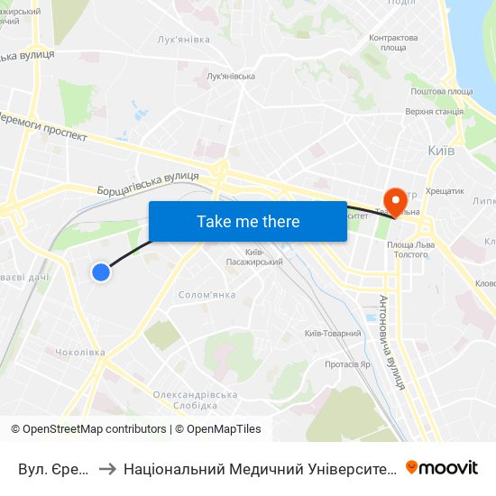 Вул. Єреванська to Національний Медичний Університет Імені О. О. Богомольця map
