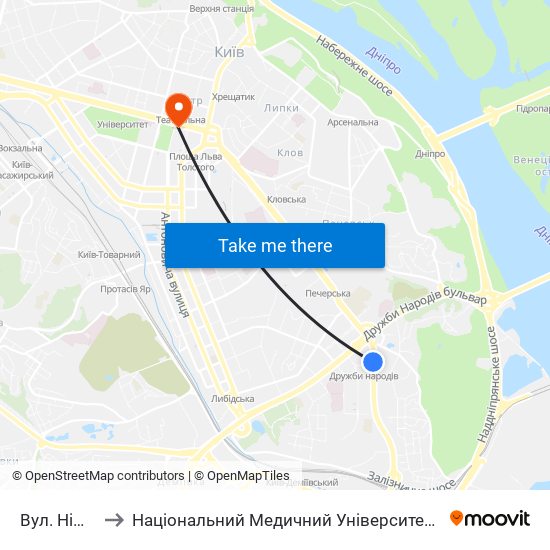 Вул. Німанська to Національний Медичний Університет Імені О. О. Богомольця map
