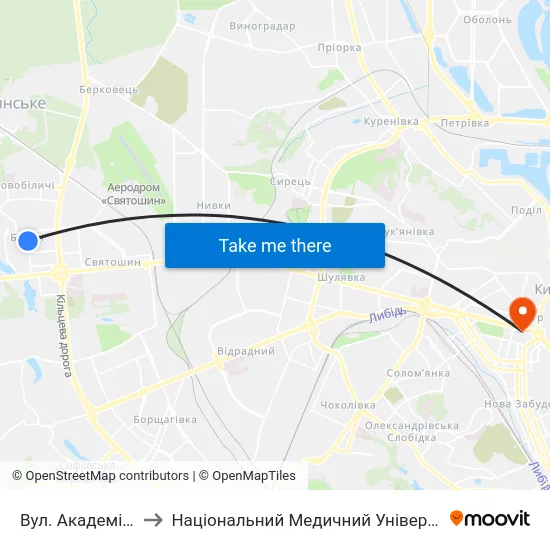 Вул. Академіка Єфремова to Національний Медичний Університет Імені О. О. Богомольця map