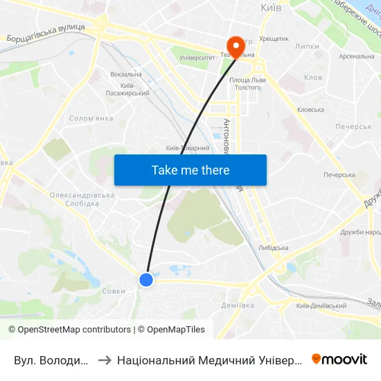 Вул. Володимира Брожка to Національний Медичний Університет Імені О. О. Богомольця map