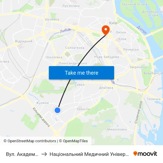 Вул. Академіка Вільямса to Національний Медичний Університет Імені О. О. Богомольця map