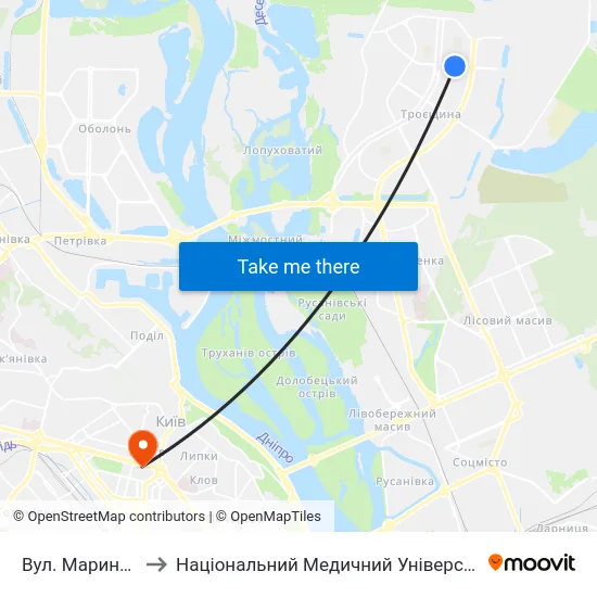 Вул. Марини Цвєтаєвої to Національний Медичний Університет Імені О. О. Богомольця map