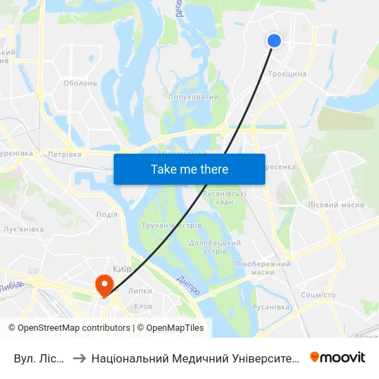 Вул. Лісківська to Національний Медичний Університет Імені О. О. Богомольця map