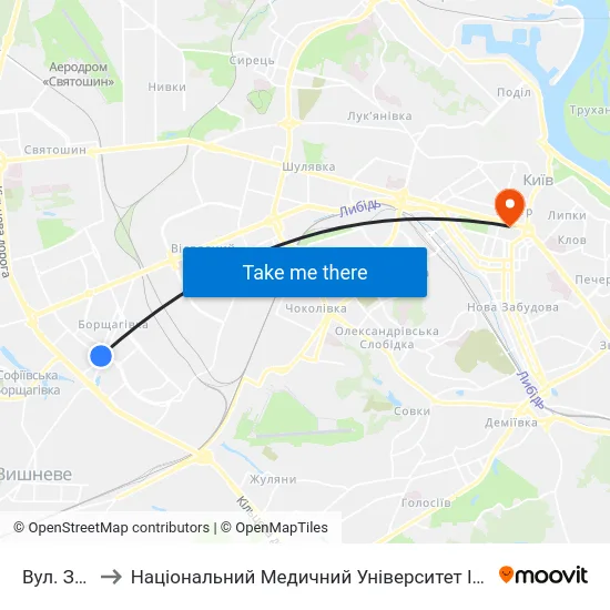 Вул. Зодчих to Національний Медичний Університет Імені О. О. Богомольця map