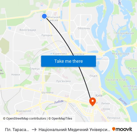 Пл. Тараса Шевченка to Національний Медичний Університет Імені О. О. Богомольця map