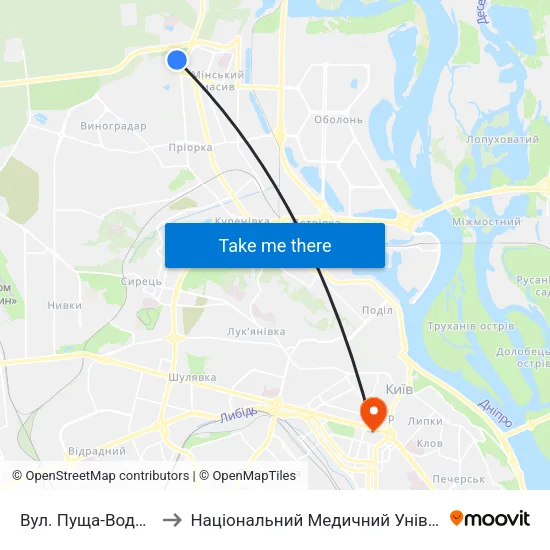 Вул. Пуща-Водицька (На Вимогу) to Національний Медичний Університет Імені О. О. Богомольця map