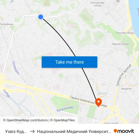 Узвіз Кудрявський to Національний Медичний Університет Імені О. О. Богомольця map