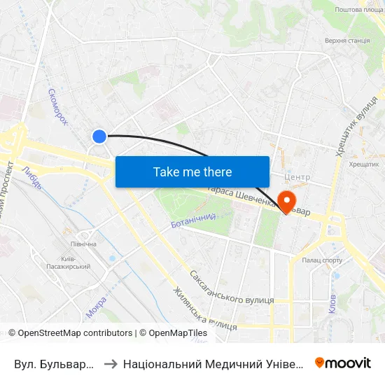 Вул. Бульварно-Кудрявська to Національний Медичний Університет Імені О. О. Богомольця map