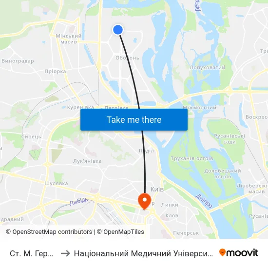Ст. М. Героїв Дніпра to Національний Медичний Університет Імені О. О. Богомольця map