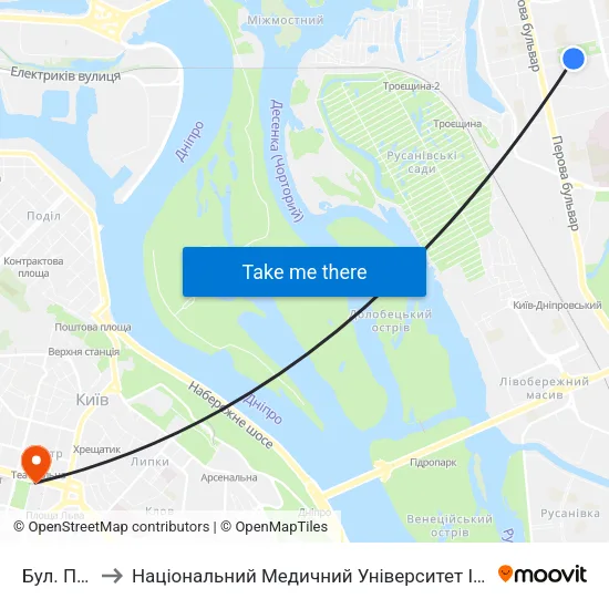Бул. Перова to Національний Медичний Університет Імені О. О. Богомольця map