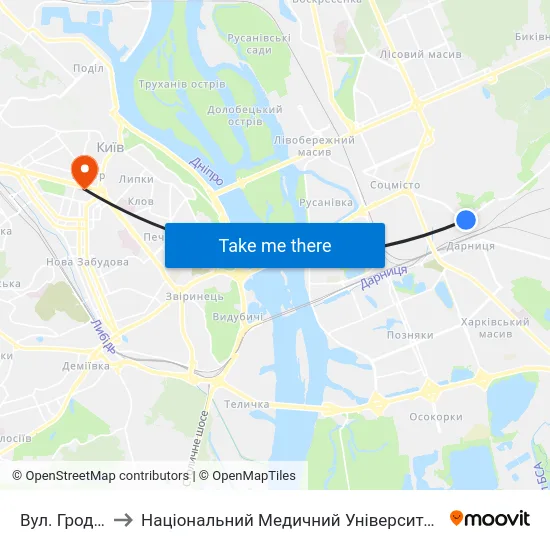 Вул. Гродненська to Національний Медичний Університет Імені О. О. Богомольця map