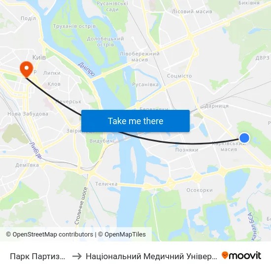 Парк Партизанської Слави to Національний Медичний Університет Імені О. О. Богомольця map