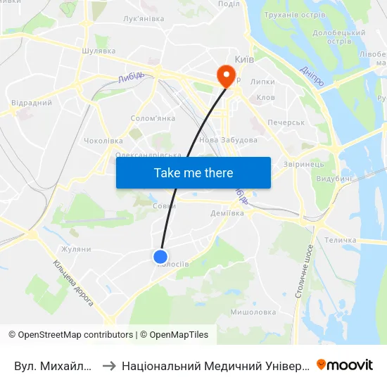 Вул. Михайла Ломоносова to Національний Медичний Університет Імені О. О. Богомольця map