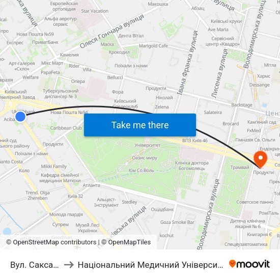Вул. Саксаганського to Національний Медичний Університет Імені О. О. Богомольця map