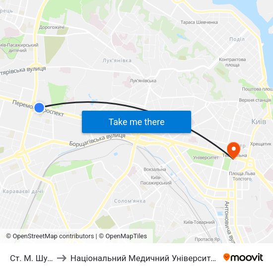 Ст. М. Шулявська to Національний Медичний Університет Імені О. О. Богомольця map