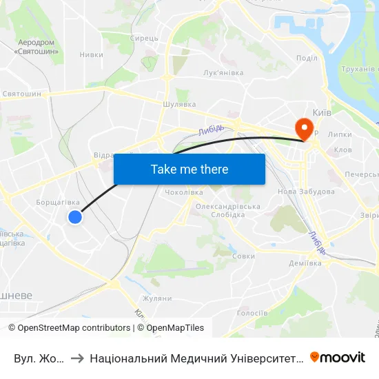 Вул. Жолудєва to Національний Медичний Університет Імені О. О. Богомольця map