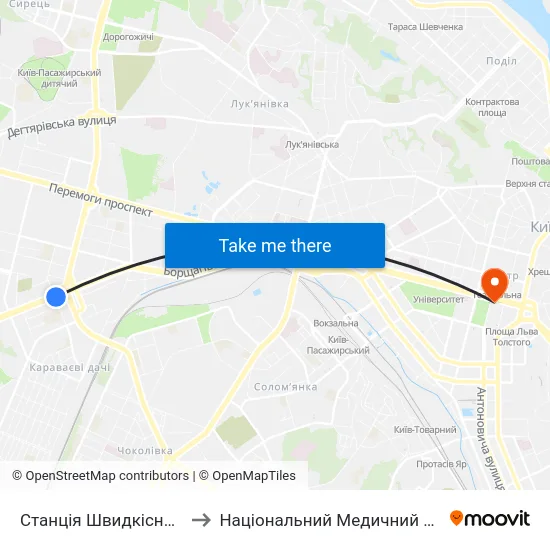 Станція Швидкісного Трамвая Індустріальна to Національний Медичний Університет Імені О. О. Богомольця map