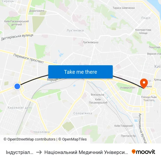 Індустріальний Міст to Національний Медичний Університет Імені О. О. Богомольця map